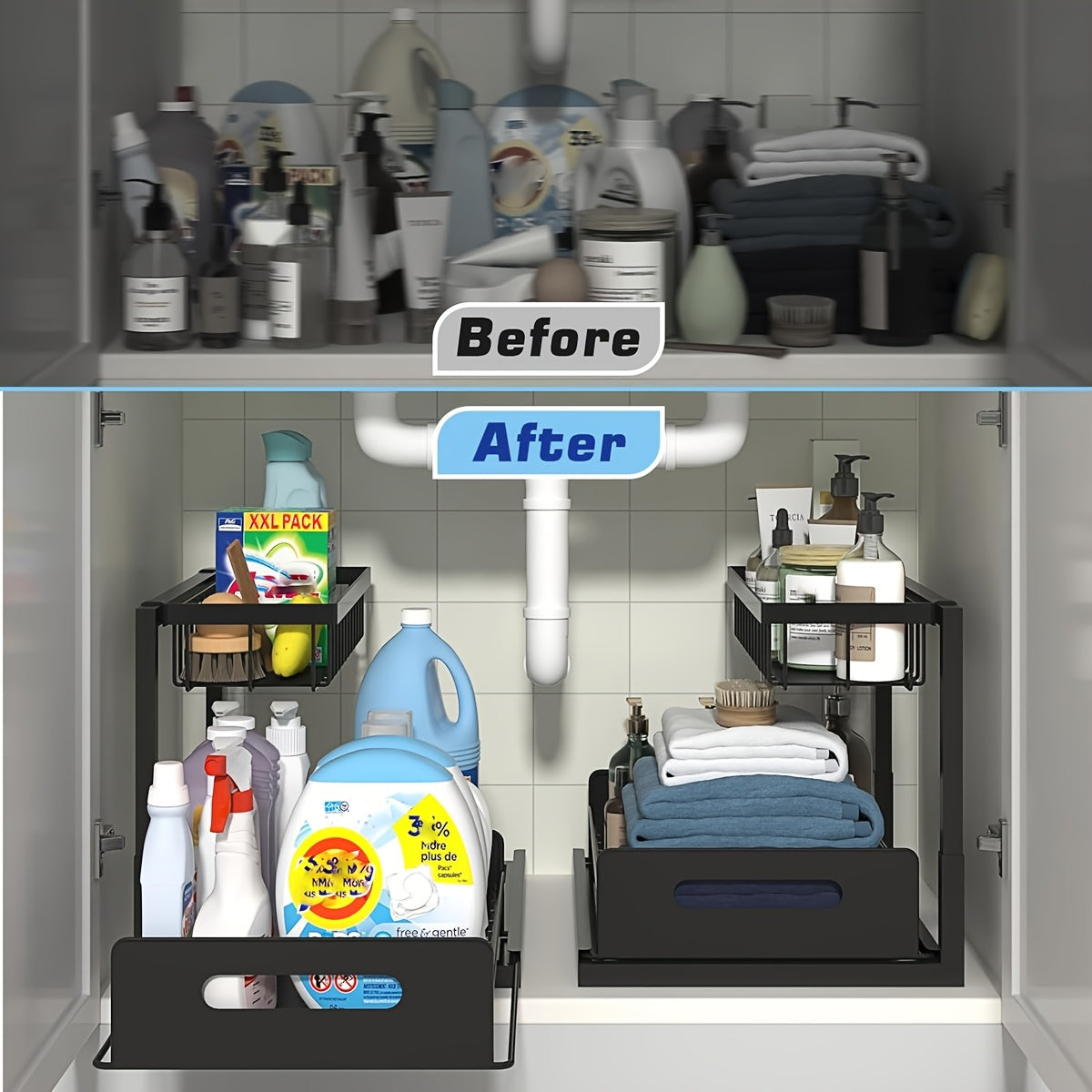 Under Sink Organizer with Sliding Pull-Out Shelf – Two-Level Metal Cabinet Storage Rack for Kitchen, Bathroom, Pantry & Closet, Space-Saving Under Sink Cabinet Organizer, Available in 1-Pack & 2-Pack