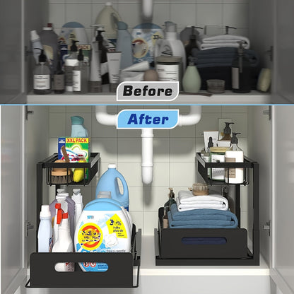 Under Sink Organizer with Sliding Pull-Out Shelf – Two-Level Metal Cabinet Storage Rack for Kitchen, Bathroom, Pantry & Closet, Space-Saving Under Sink Cabinet Organizer, Available in 1-Pack & 2-Pack