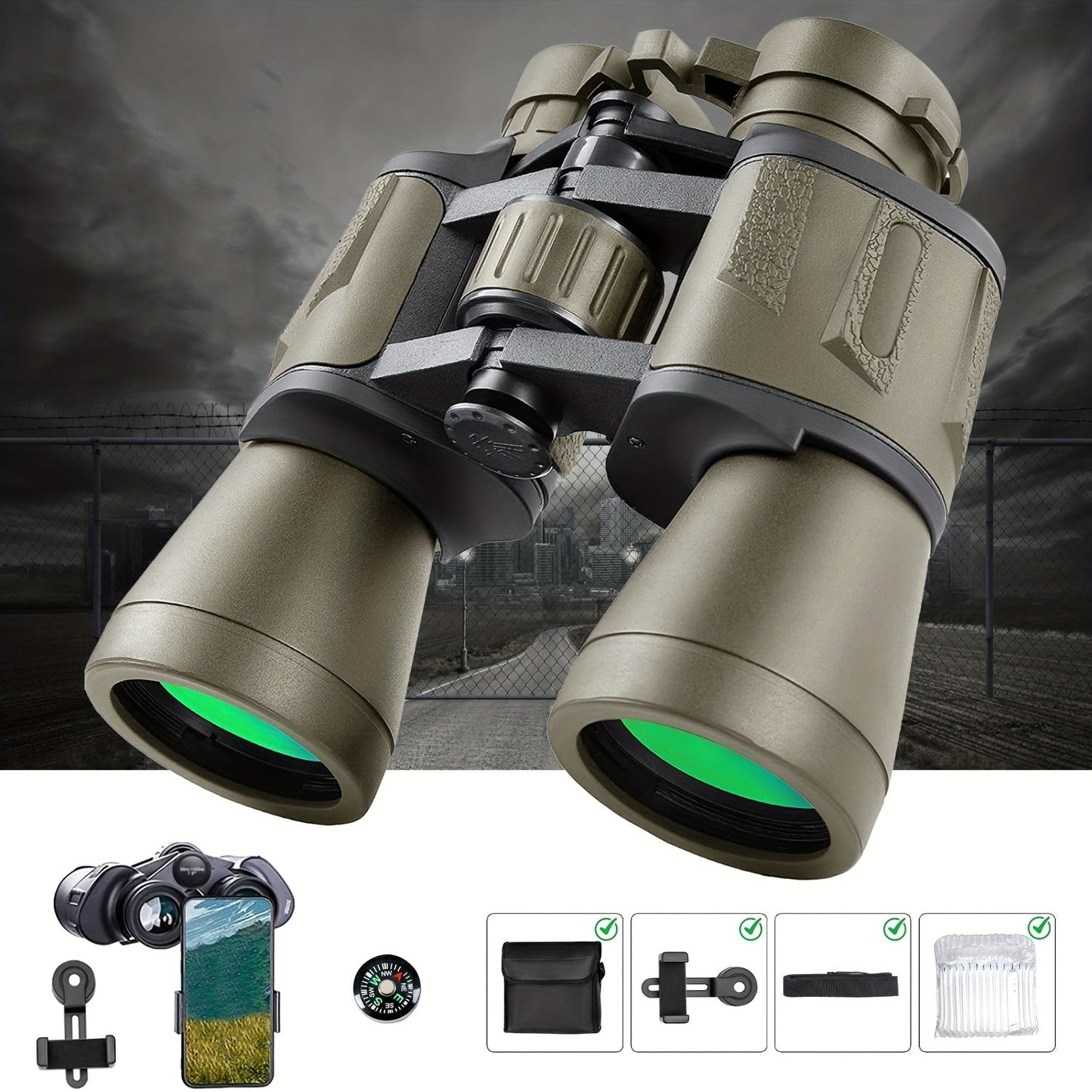 Binoculars for Adults 12x42 HD High-Powered with Phone Adapter for Bird Watching Hunting Travel Concerts Includes Carry Case Neck Strap Mud Black Green