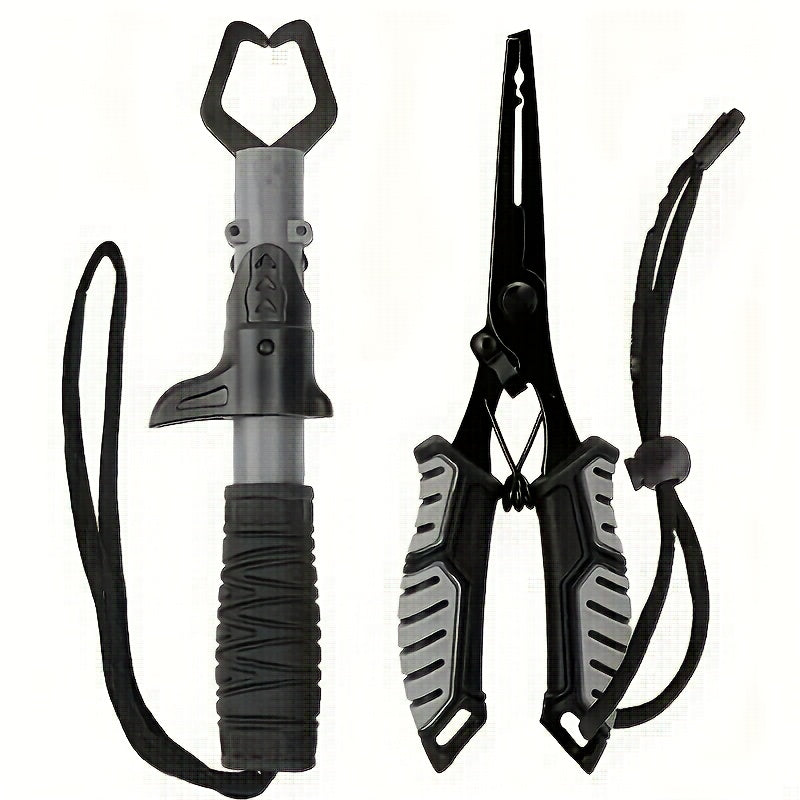Fishing Pliers & Fish Gripper Combo Set 2PCS Stainless Steel with TPR Comfort Grip, Spring-Loaded Lock, Hook Remover Line Cutter Lanyard - Essential Freshwater Saltwater Fishing Tool Gift for Fishermen