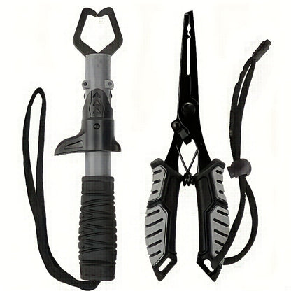 Fishing Pliers & Fish Gripper Combo Set 2PCS Stainless Steel with TPR Comfort Grip, Spring-Loaded Lock, Hook Remover Line Cutter Lanyard - Essential Freshwater Saltwater Fishing Tool Gift for Fishermen