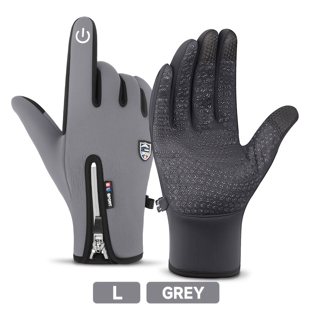 Windproof Waterproof Winter Sports Gloves with Touchscreen & Anti-Slip Grip – Warm Cycling Skiing Gloves for Men & Women, 100% Polyester, Zipper Closure, Sizes M-XL