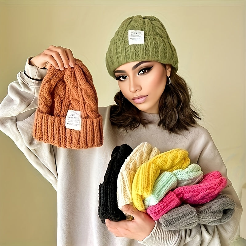 2 Pack Winter Knit Beanies for Women Men, Candy-Colored Chunky Cable Knit Warm Hats with Ear Protection, Loose Fit Slouchy Beanie for Outdoor Street Wear Cold Weather