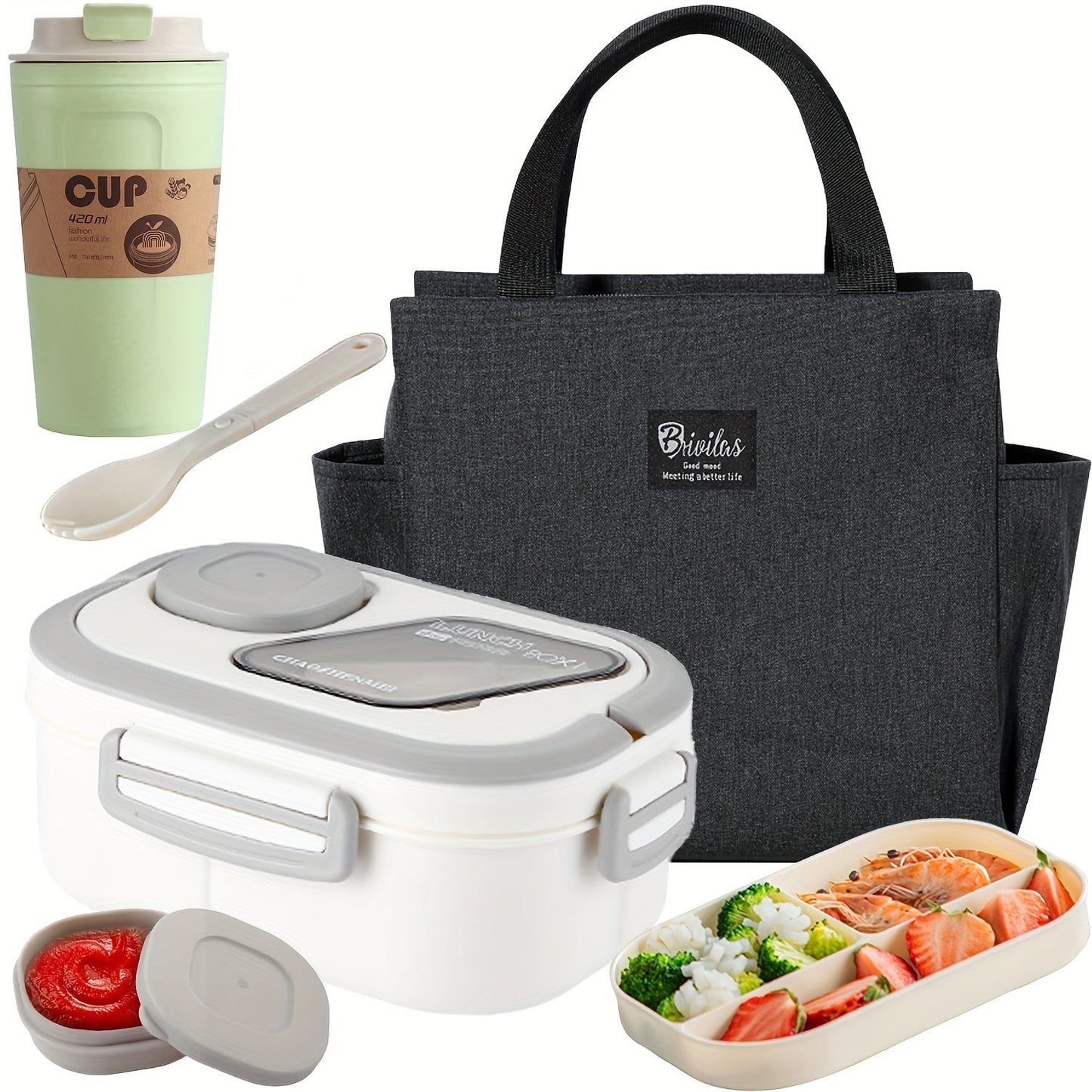 2-Layer Bento Lunch Box Set with Cup & Insulated Lunch Bag – Multi-Grid Leakproof Food Container for School, Office & Picnic, Choose Salad, Coffee, Milk or Soup Cup, Pink Green Blue White