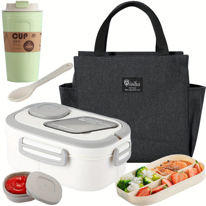 2-Layer Bento Lunch Box Set with Cup & Insulated Lunch Bag – Multi-Grid Leakproof Food Container for School, Office & Picnic, Choose Salad, Coffee, Milk or Soup Cup, Pink Green Blue White