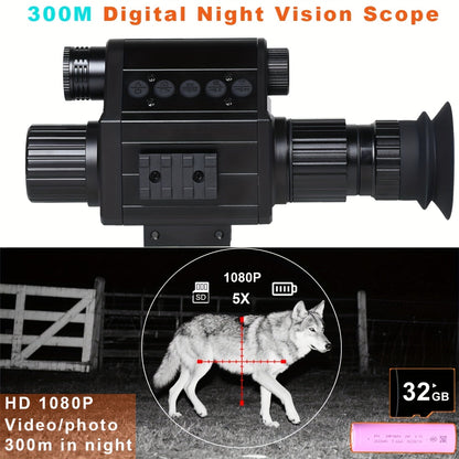 Digital Night Vision Scope for Hunting – Infrared Riflescope Monocular, 5X Zoom, HD 1080P Video Recording, 32GB TF Card & 2600mAh Battery, Built-In Reticle for Hunting, Camping & Wild Adventure