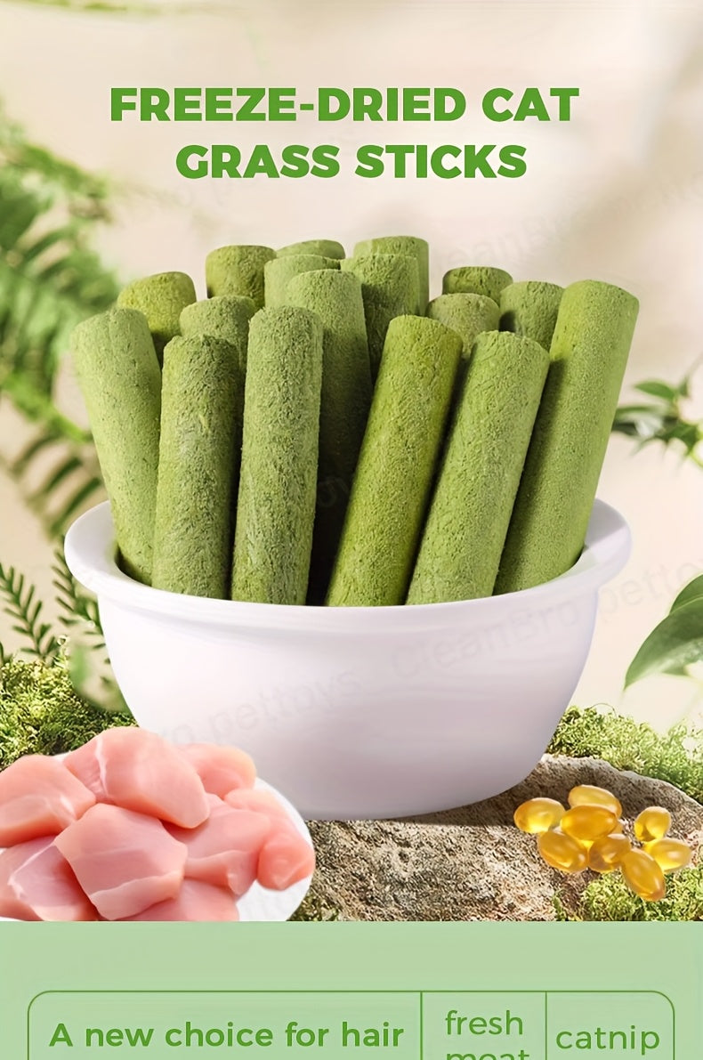 Cat Grass Sticks for Hairball Control – 3-in-1 Freeze-Dried Catnip Treats with Instant Granules & Hair Cream Tablets for Indoor Cats, Natural Hairball Remedy, 15 Count & 15-Pack Bundle
