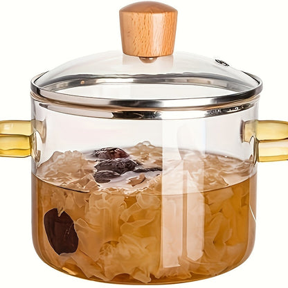 54oz Borosilicate Glass Soup Pot with Handle Heat Resistant 752°F | Stovetop Oven Safe Transparent Glass Cooker | Soup Congee Ramen Milk Pot | Easy Clean Odorless Non-Toxic | Green Yellow Handle