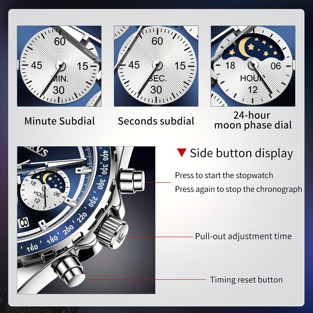OLEVS Men's Luxury Quartz Watch – Moon Phase Calendar Big Face Chronograph, Waterproof Leather Wristwatch with Luminous Hands, Elegant Dress Watch for Men, Birthday Father's Day Gift Blue Black White Green
