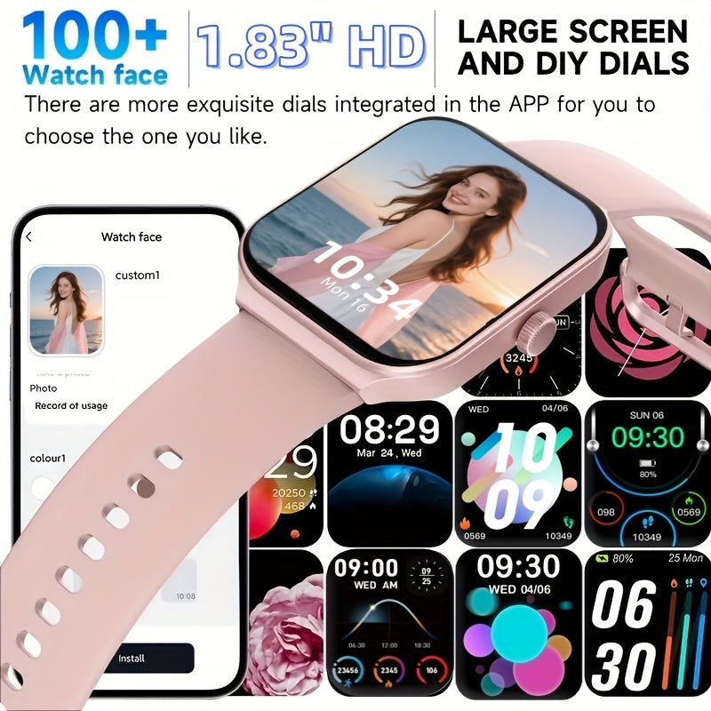 Smart Watch 1.83" Fitness Tracker with Bluetooth Calling – Step Counter, Activity Monitor, Message Notifications, Multi-Sport Modes, USB Charging, Compatible with iPhone & Android, Gift for Men & Women (Black/Pink)