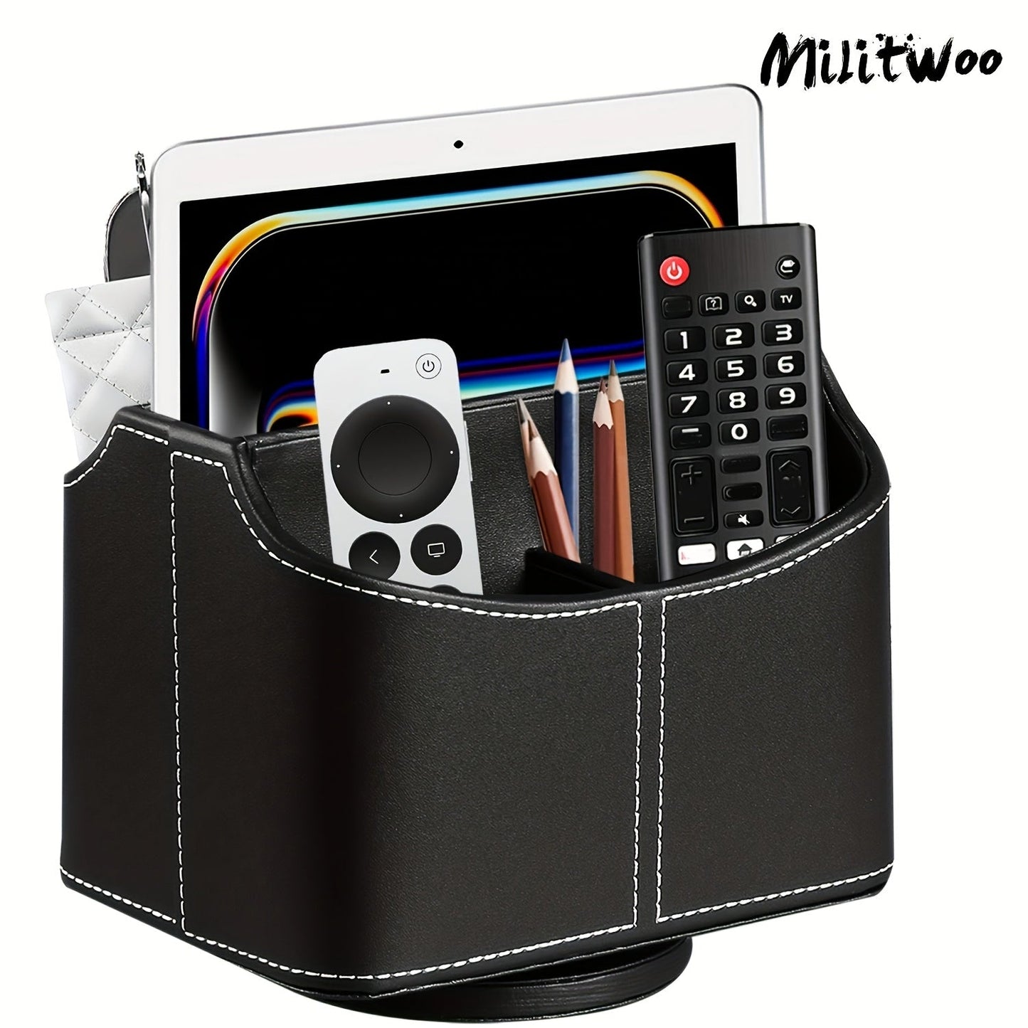 360° Swivel Remote Control Holder – 5-Compartment PU Leather Desk Organizer for TV Remotes, Phones, Eyeglasses, Pens & Office Accessories, Rotating Desktop Storage Caddy
