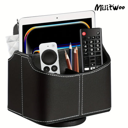 360° Swivel Remote Control Holder – 5-Compartment PU Leather Desk Organizer for TV Remotes, Phones, Eyeglasses, Pens & Office Accessories, Rotating Desktop Storage Caddy