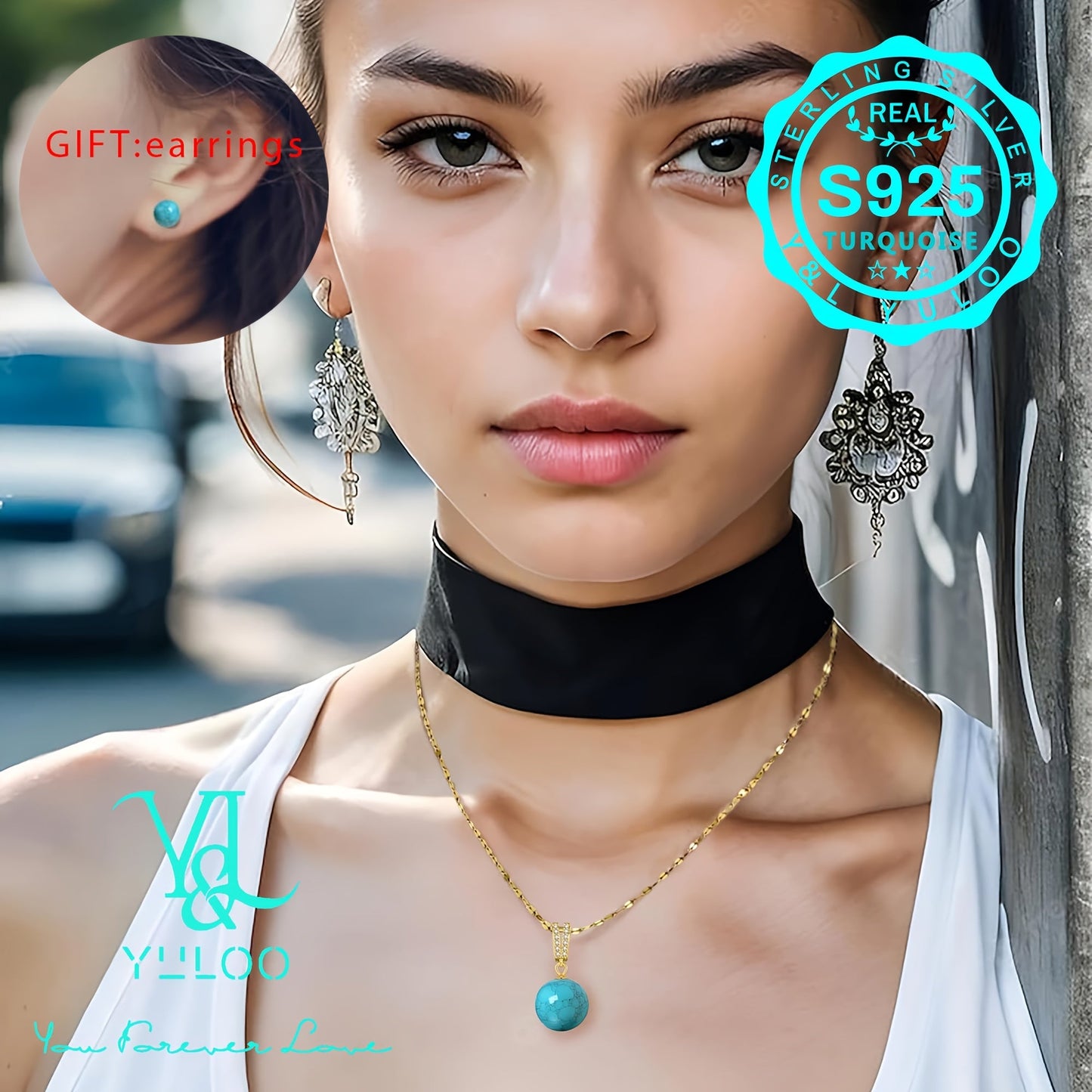 S925 Sterling Silver Natural Genuine Turquoise Pendant Necklace 18+2 Inch – Elegant Boho Gemstone Jewelry for Women with Bonus Earrings, Available in Silver & Gold, Perfect Gift for Her
