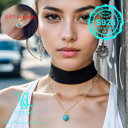 S925 Sterling Silver Natural Genuine Turquoise Pendant Necklace 18+2 Inch – Elegant Boho Gemstone Jewelry for Women with Bonus Earrings, Available in Silver & Gold, Perfect Gift for Her