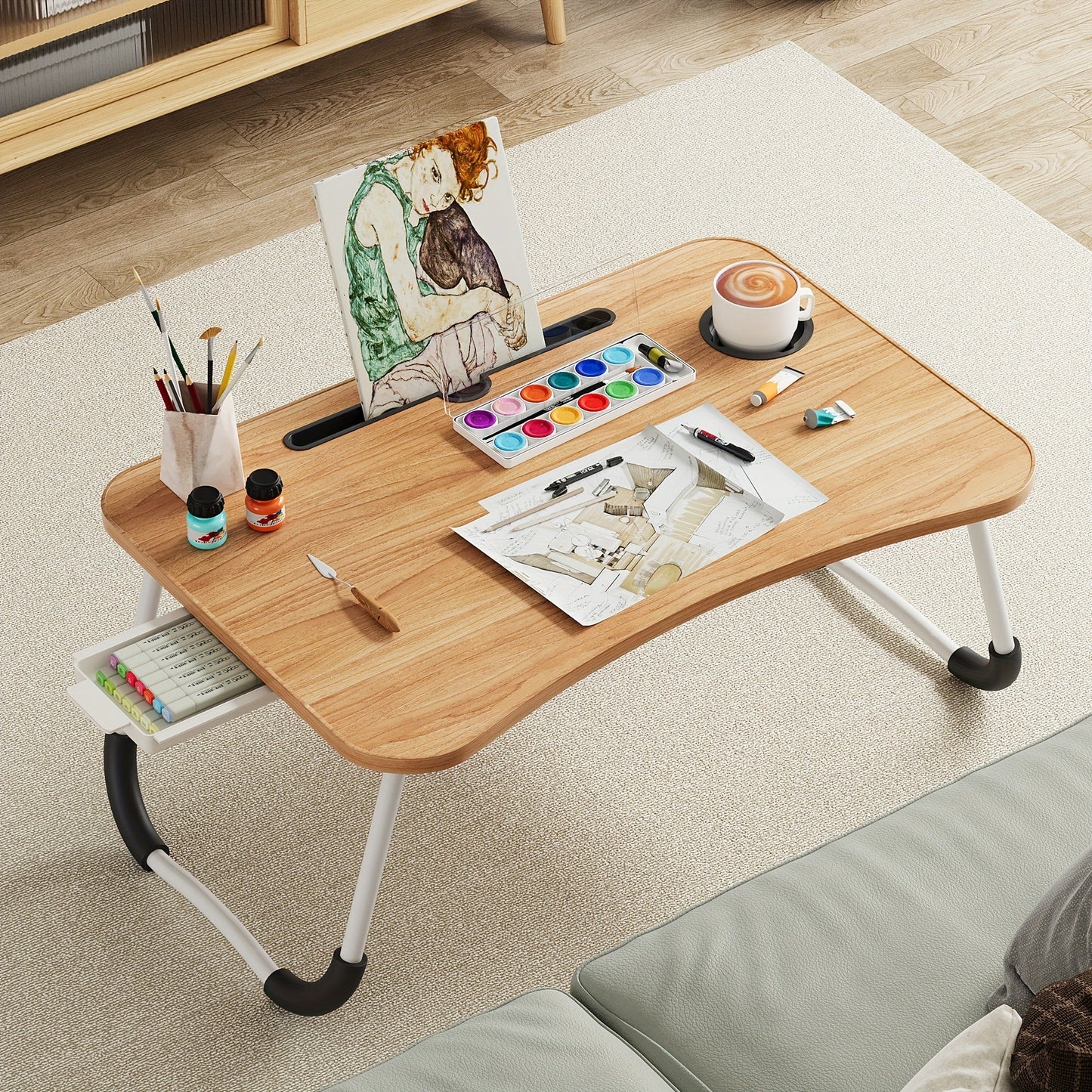 Lap Desk Bed Tray for Laptop & Eating – Large Breakfast Tray with Cup Holder & Drawer for Sofa Couch Floor Sitting, Study Reading Writing Portable Lap Table