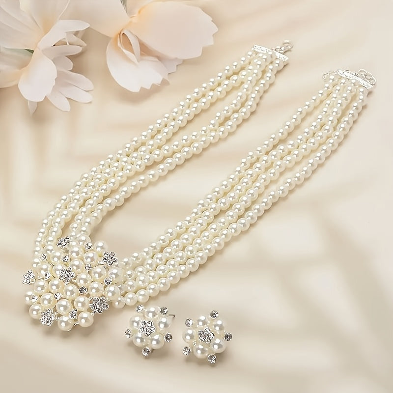 Luxury Bridal Necklace & Earring Set for Women – Silver Plated Beaded Jewelry Set for Wedding, Evening Party & Stage Performance, Elegant Dress Accessories