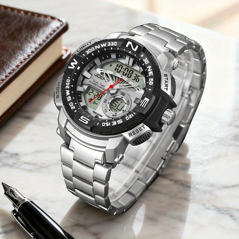 Men's Dual Display Sport Watch – Large Face LED Night Light, 3ATM Waterproof, Chronograph, Alarm & Calendar, Field Style Wristwatch in Gold & Silver