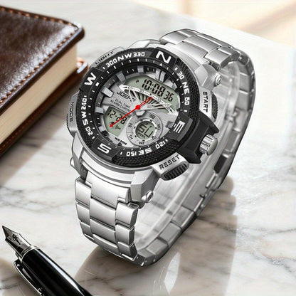 Men's Dual Display Sport Watch – Large Face LED Night Light, 3ATM Waterproof, Chronograph, Alarm & Calendar, Field Style Wristwatch in Gold & Silver