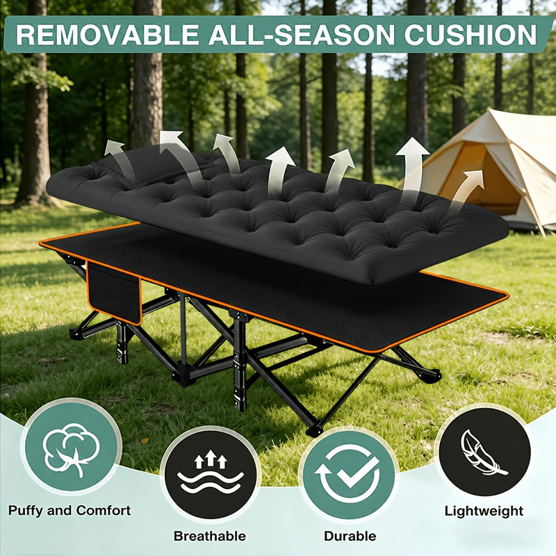 Heavy Duty Folding Camping Cot up to 700LBS – Extra Large 59"/75" Thickened Folding Bed with Mattress, Ergonomic Sturdy Frame, Portable Guest Bed & Patio Sofa for Camping, Hiking & Home Use – Black & Gray