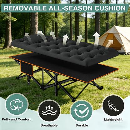 Heavy Duty Folding Camping Cot up to 700LBS – Extra Large 59"/75" Thickened Folding Bed with Mattress, Ergonomic Sturdy Frame, Portable Guest Bed & Patio Sofa for Camping, Hiking & Home Use – Black & Gray