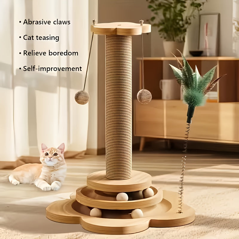 5-in-1 Wooden Cat Scratching Post Toy for Indoor Cats Tall Sisal Post 2-Level Track Ball Interactive Feather Toy Hanging Balls Cat Furniture for Kittens Adults