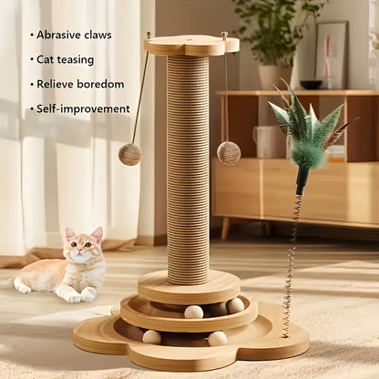 5-in-1 Wooden Cat Scratching Post Toy for Indoor Cats Tall Sisal Post 2-Level Track Ball Interactive Feather Toy Hanging Balls Cat Furniture for Kittens Adults
