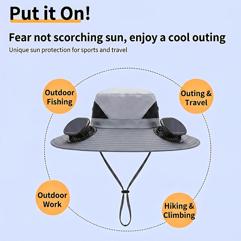Solar Powered Fan Hat with USB Charging – Wide Brim Sun Protection Hat with Built-In Cooling Fan for Men, Lightweight Long Battery Life Outdoor Hat for Fishing, Hiking, Mountain Climbing & Daily Wear
