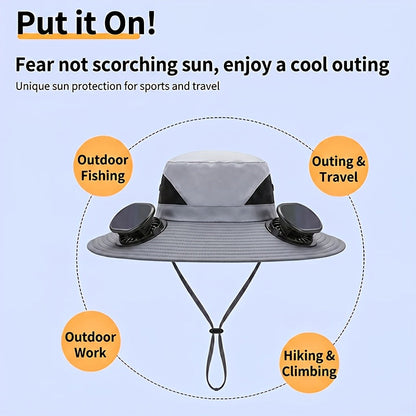 Solar Powered Fan Hat with USB Charging – Wide Brim Sun Protection Hat with Built-In Cooling Fan for Men, Lightweight Long Battery Life Outdoor Hat for Fishing, Hiking, Mountain Climbing & Daily Wear