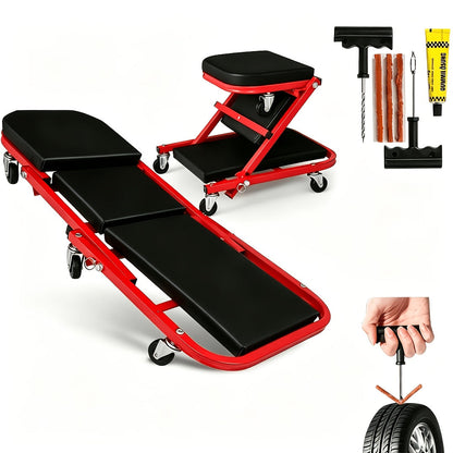 36 Inch Folding Mechanic Creeper Z-Crawl Board with 6 Swivel Wheels – Adjustable Load Board Car Crawl Seat with Tool Kit, Deck Repair & Tire Repair Accessories, DIY Auto Mechanic Gift for Men, Husbands & Car Enthusiasts