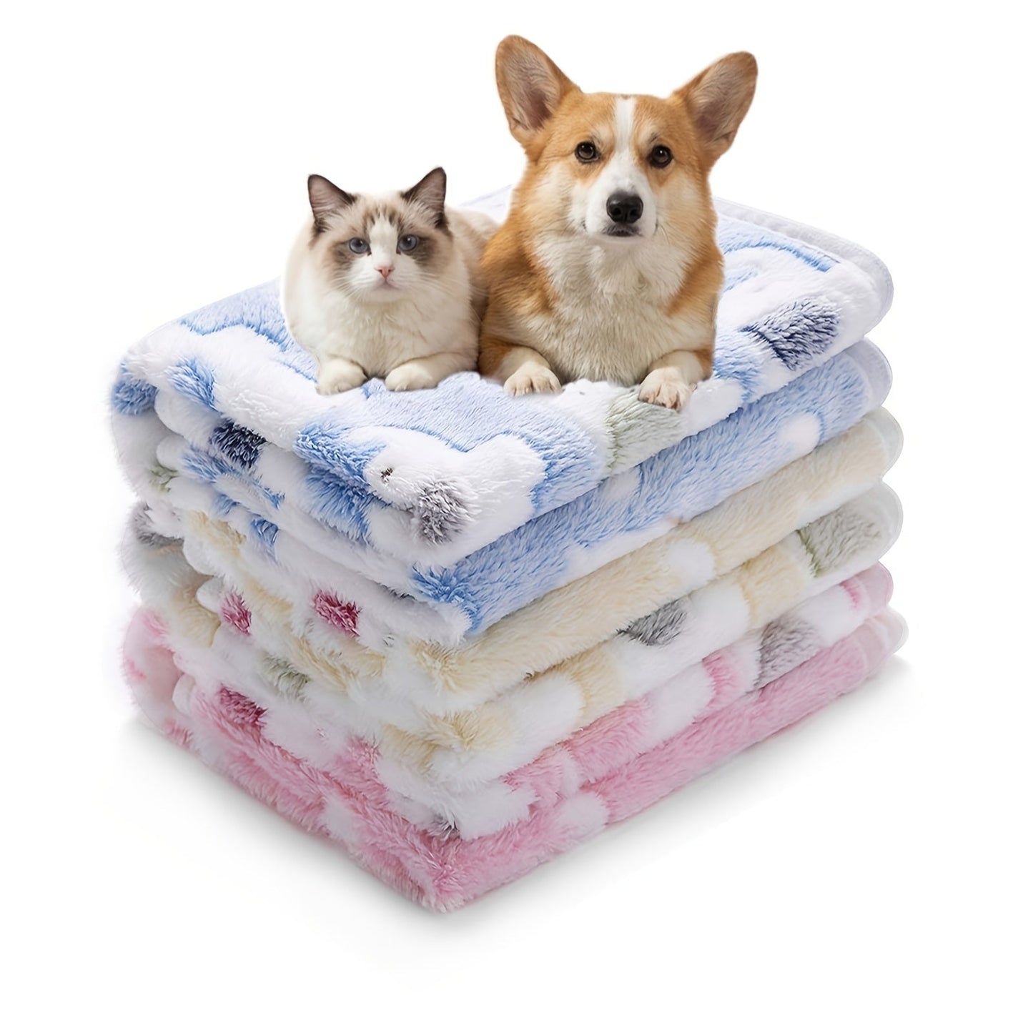 Fleece Pet Blanket 3-Pack for Dogs Cats & Puppies – Super Soft Fluffy Tear-Resistant Flannel Throw, Paw Print Brown Pink White, Machine Washable, Includes Free Pet Drying Towel