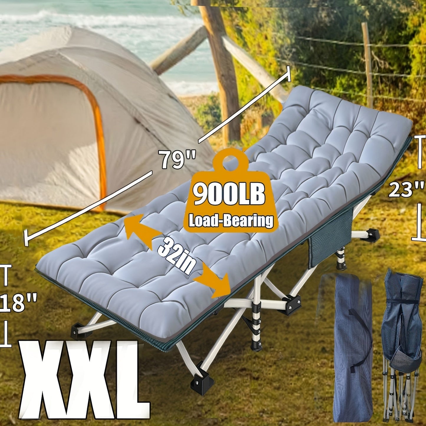 XXL 32-Inch Wide Camping Cot with Mattress – 1200D Oxford Heavy-Duty Folding Sleeping Cot with Carry Bag for Adults, Extra Wide Portable Outdoor Bed for Camping Hiking Travel & Guest Use