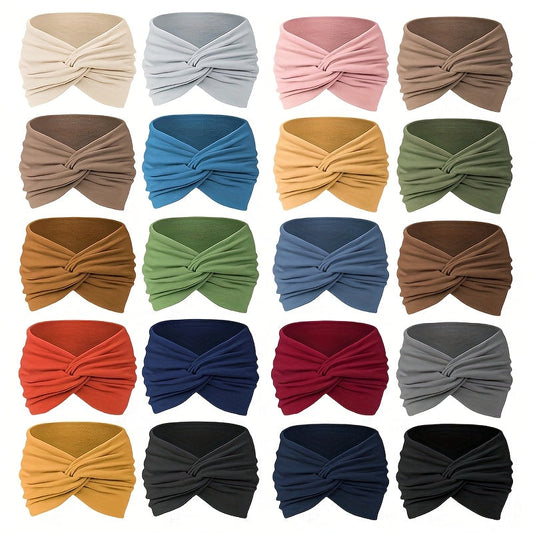 20 Pack Wide Moisture-Wicking Headbands for Women and Men Elastic Sweatband for Yoga Running Cycling Fitness Basketball Bohemian Solid Color Hair Accessories