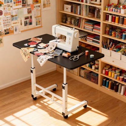 Mobile Craft Table with Adjustable Height & 4 Silent 360° Wheels - Rolling Storage Organizer with Double Shelves for Sewing, Knitting & Crafts, Bedroom & Living Room Use, Available in Black & White
