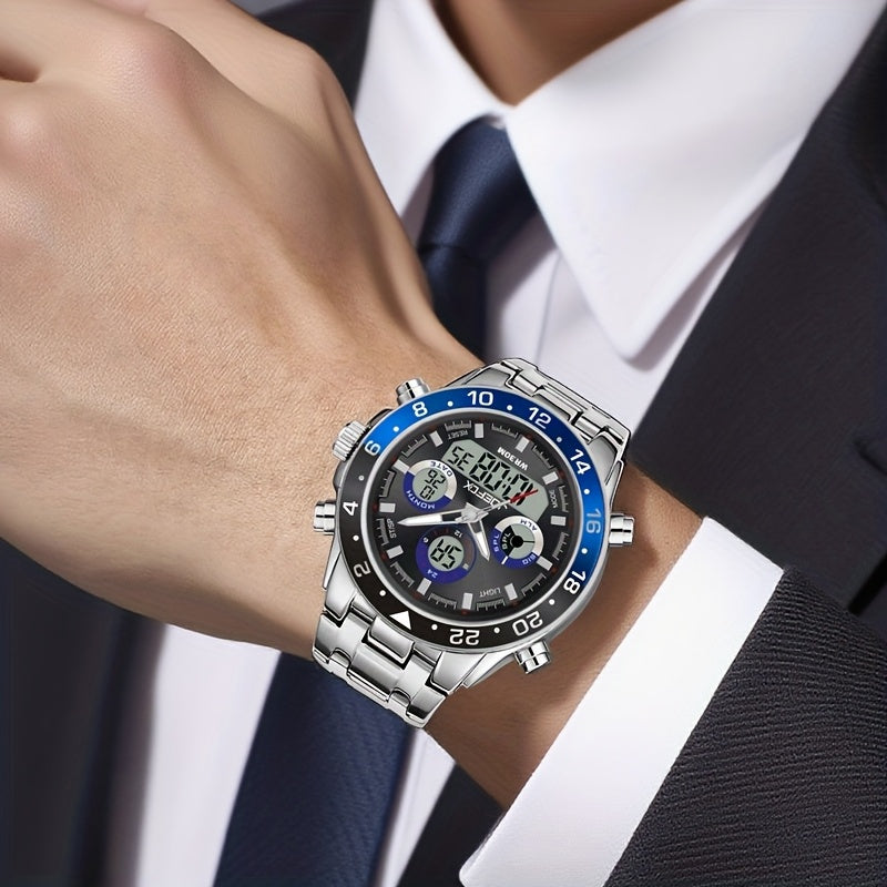 Men's Vintage Business Chronograph Watch with Steel Band – Dual Movement Waterproof Wristwatch with Band Adjustment Tool Father's Day Birthday Gift for Men