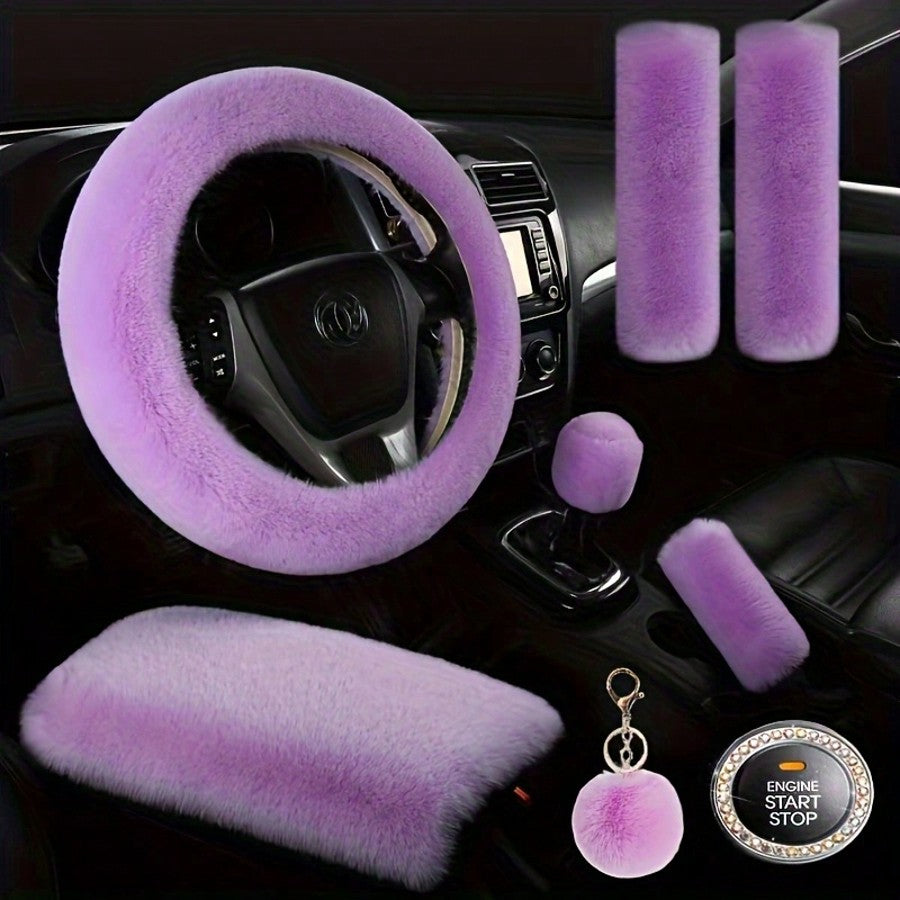 Fluffy Plush Car Steering Wheel Cover 8-Piece Interior Set - Rex Rabbit Fur Universal Fit 14.5-15 Inch, Cute Women's Car Accessories in 12 Colors for SUV Sedan Truck, Pink Purple Black & More