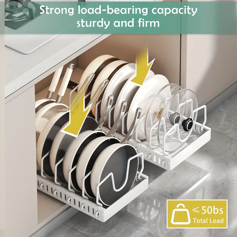 Pull Out Pot & Pan Organizer Rack for Under Cabinet – Slide Out Lid Holder with 8 Adjustable Compartments, Drill-Free Install, Kitchen Cabinet Cookware & Baking Sheet Organizer – 1pc or 2pcs