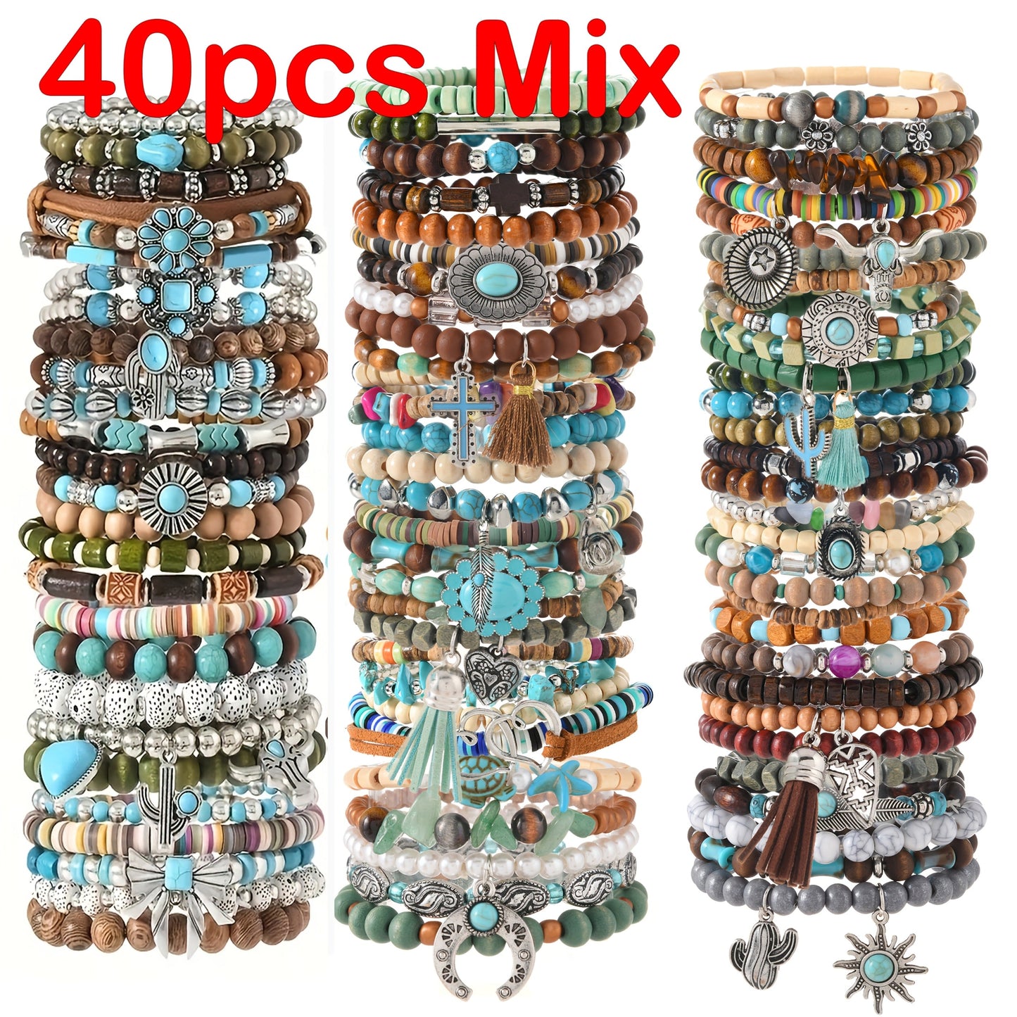 40pcs Boho Handmade Wooden & Turquoise Stone Bead Bracelet Set – Mixed Colors, Zinc Alloy Pendant, Vintage Style Stackable Bracelets for Women Men, Couple & Party Gift