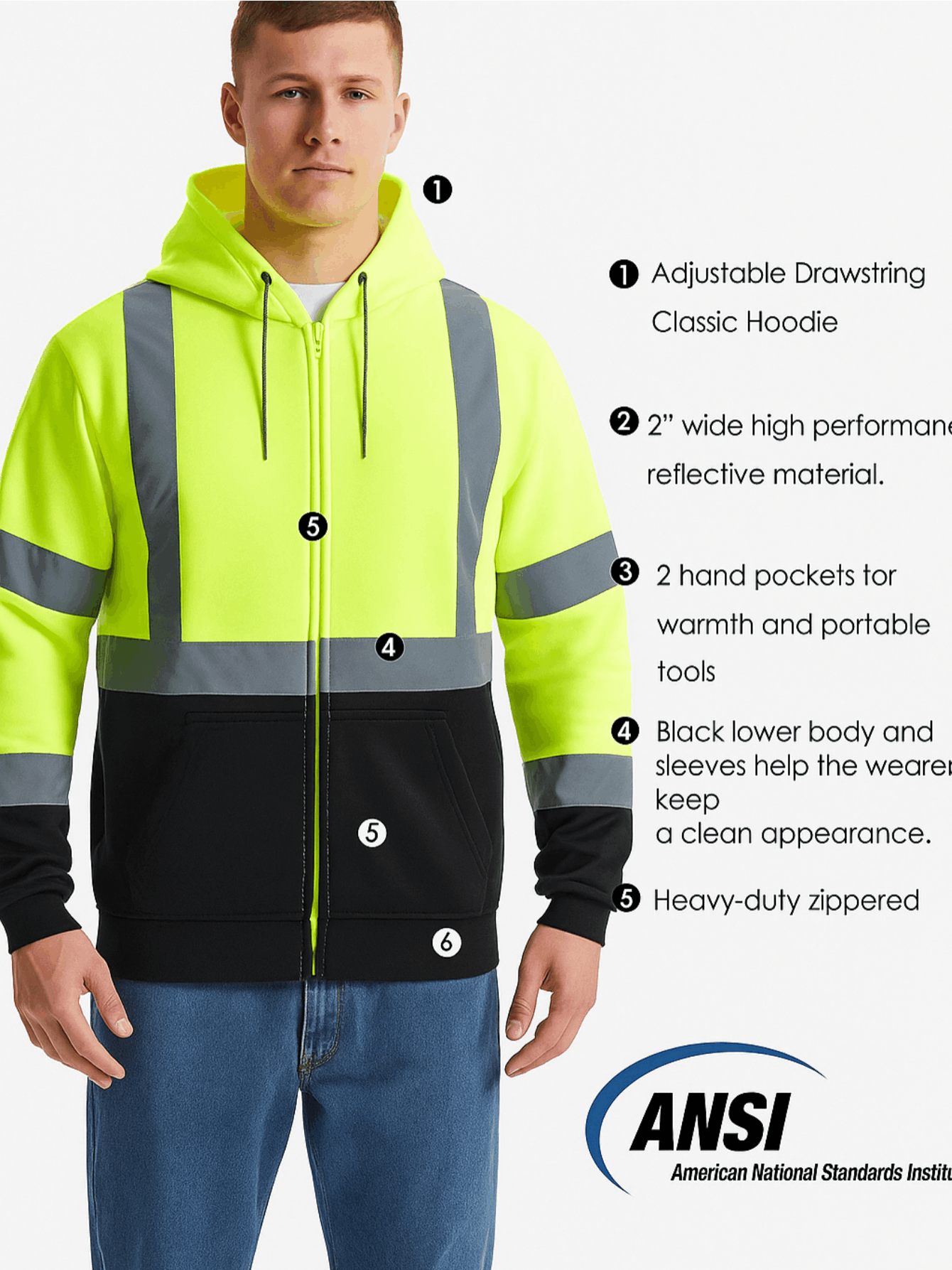 High Visibility ANSI Class 3 Type R Reflective Safety Hoodie Zip-Up Fleece Sweatshirt for Men Women Construction Workwear with Neck Gaiter Fluorescent Yellow