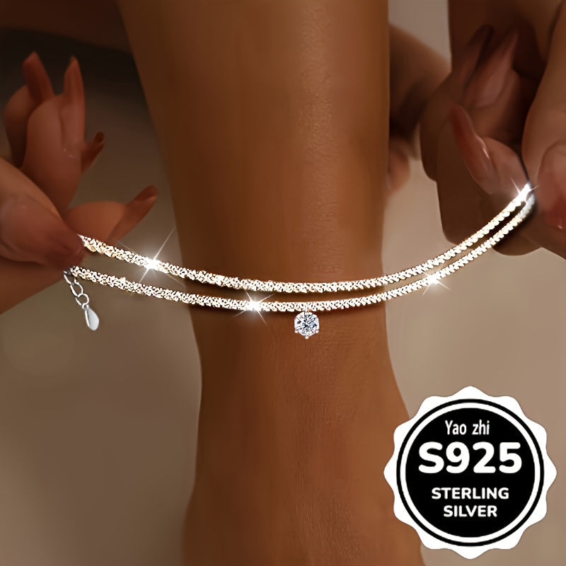 3-Pack 925 Sterling Silver Anklet Set for Women Sparkling Zirconia Wave & Braided Boho Vintage Design Beach Party Jewelry