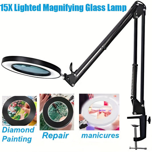 15X LED Magnifying Glass Lamp with Adjustable Arm & Clamp – Dimmable 3-Color USB Desk Magnifier for Reading, Crafts, Nail Art, Sewing & Precision Work (Black/White)