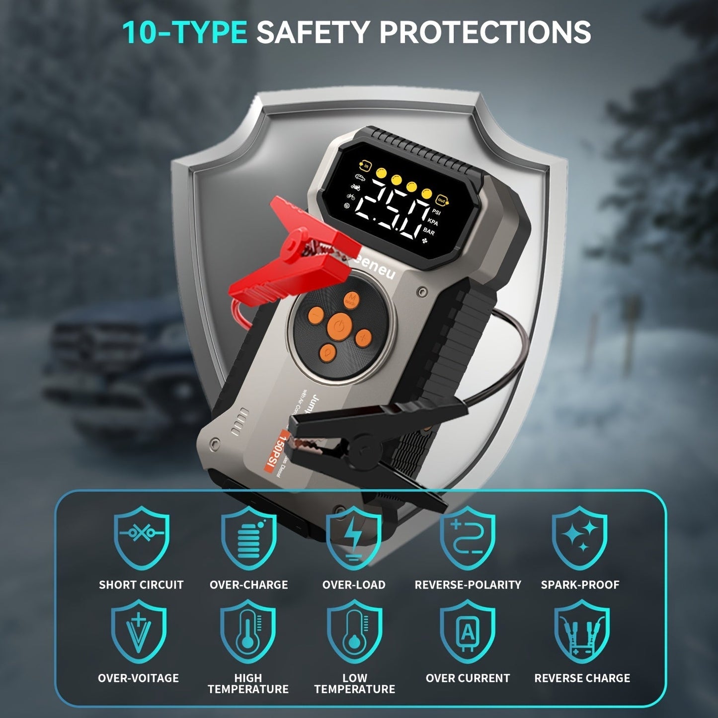 5000A Car Jump Starter with 150PSI Air Compressor – 12000mAh Portable Battery Booster Pack, Digital Tire Inflator, USB-C & USB-A, LED Emergency Light for 12V Gas & Diesel Engines