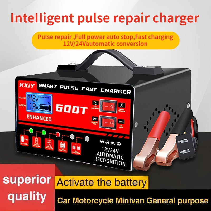 Smart Universal Battery Charger for 12V & 24V – LCD Screen, Pulse Repair & Temperature Regulation, Trickle Charger Maintainer for Car, Truck, Motorcycle, Boat, Lawn Mower & Harvester Batteries