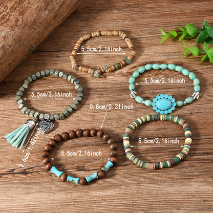 40pcs Boho Handmade Wooden & Turquoise Stone Bead Bracelet Set – Mixed Colors, Zinc Alloy Pendant, Vintage Style Stackable Bracelets for Women Men, Couple & Party Gift