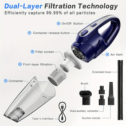 Handheld Car Vacuum Cleaner 6000PA 2000mAh Rechargeable 40dB Low Noise 5 Accessories for Car Home Pet Hair Pink