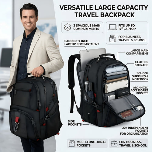 50L Travel Backpack Fits 17 Inch Laptop – Airline Approved, Waterproof, Extra Large College & Work Bag for Men & Women, 3-Compartment Business Backpack for School, Travel & Daily Commute – 8 Colors