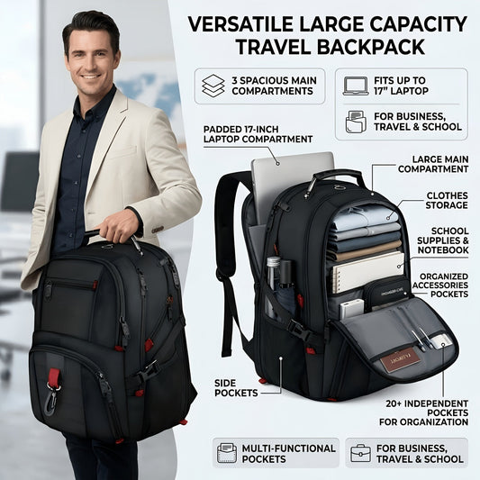 50L Travel Backpack Fits 17 Inch Laptop – Airline Approved, Waterproof, Extra Large College & Work Bag for Men & Women, 3-Compartment Business Backpack for School, Travel & Daily Commute – 8 Colors
