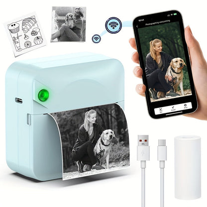 Mini Thermal Sticker Printer Inkless, Wireless Pocket Photo Printer with 1 Roll Thermal Paper, Portable Bluetooth Label Maker for Photos, Journaling, Notes & Memos – Cute Gift for Girls & Students