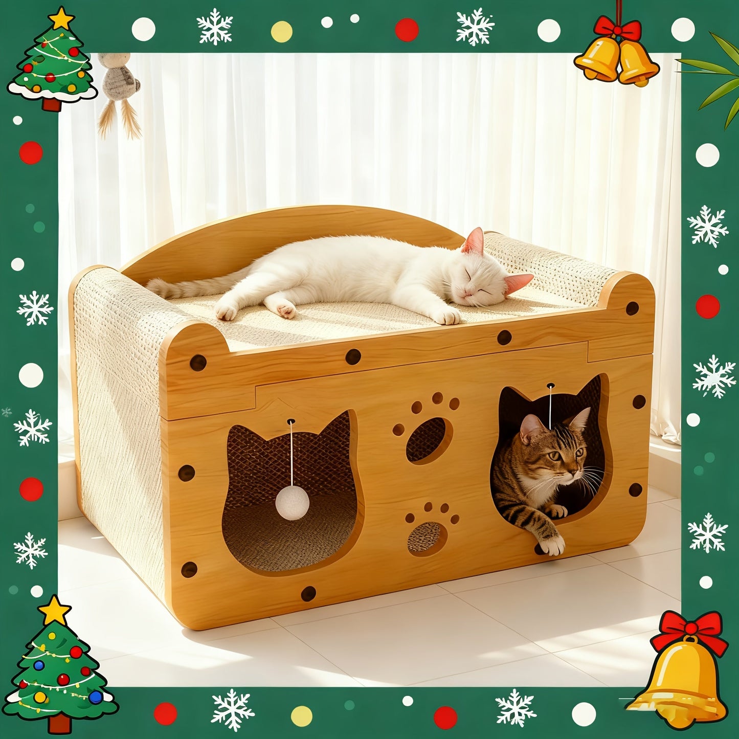 Large Cat House with Scratcher Pads & Plush Ball Toys – Ventilated Indoor Outdoor Cat Shelter, Choose Single Door, Double Door or Luxury Double-Layer Design, Great Cat Gift
