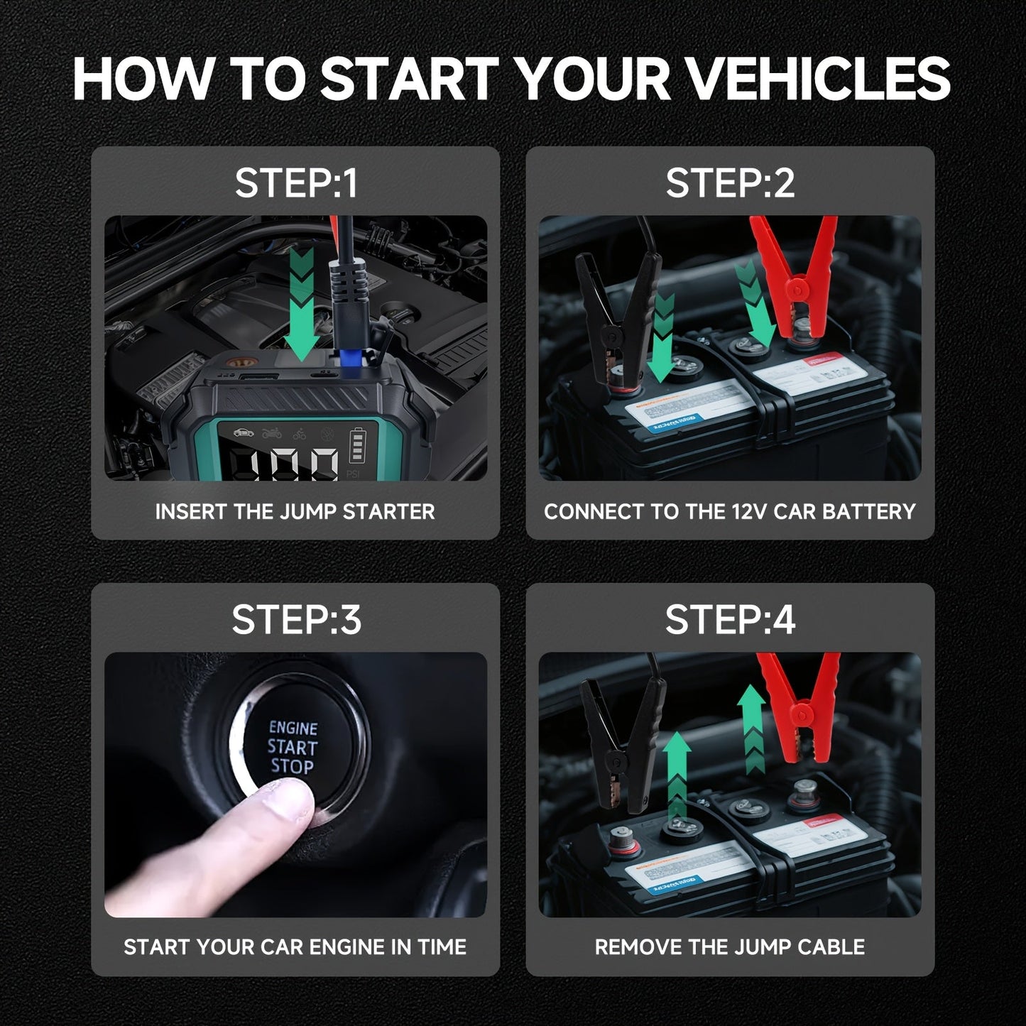 10000A Car Jump Starter 7-in-1 with 150PSI Air Compressor, Digital Tire Inflator, LED Emergency Light & USB Power Bank – Portable Battery Booster for Gas & Diesel Vehicles – Velora