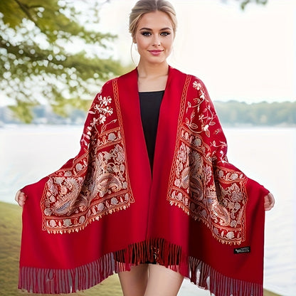 Women's Bohemian Cashmere Shawl Scarf – Vintage Paisley Embroidery with Tassel Trim, Lightweight Warm Wrap for Spring & Fall, 6 Colors, Hand Washable Casual & Dressy Outfits